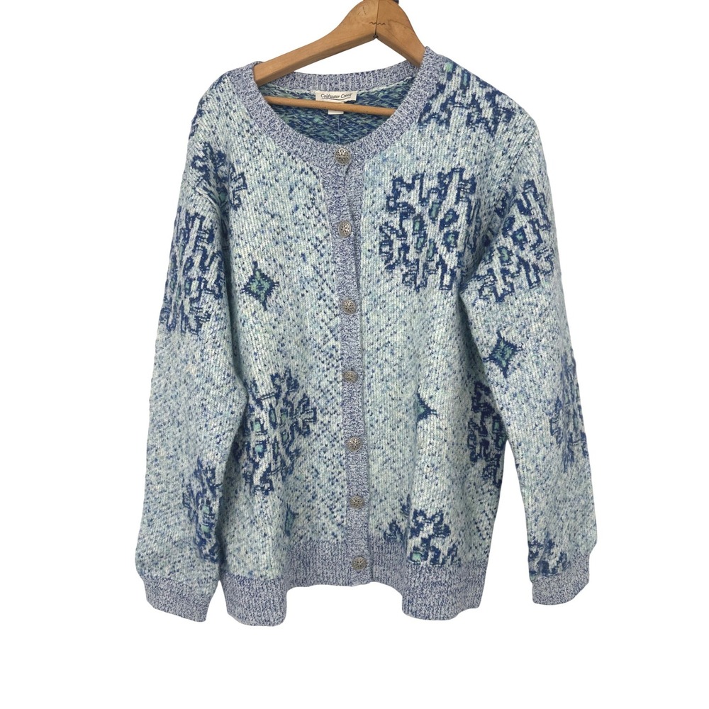 Coldwater Creek Cardigan Sweater Women L Blue Nordic Snowflake Cozy Chunky Ski